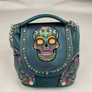 Montana West Shoulder Purse Embroidered Sugar Skull Bag Teal - Flaw